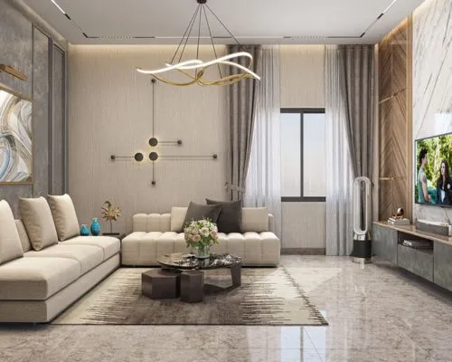 Elegant living room with blue ottoman