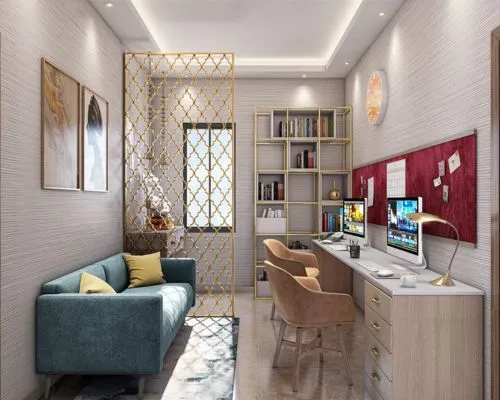 Elegant living room with blue ottoman