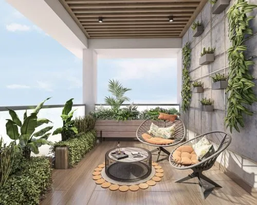 Elegant living room with blue ottoman