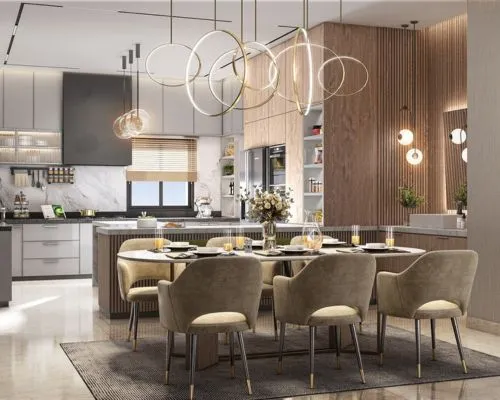 Elegant living room with blue ottoman